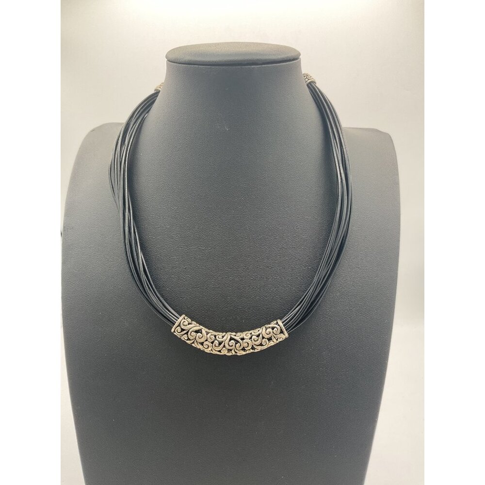 VCLM Black Multi-Strand Necklace With Silver Scrollwork Pendant & Lobster Clasp